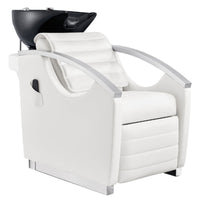 Thumbnail for DIR Bella V Recline Massage Salon Shampoo Station White Front Angled View With Black Single Sink On Clean Background