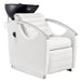 DIR Bella V Recline Massage Salon Shampoo Station White Front Angled View With Black Single Sink On Clean Background