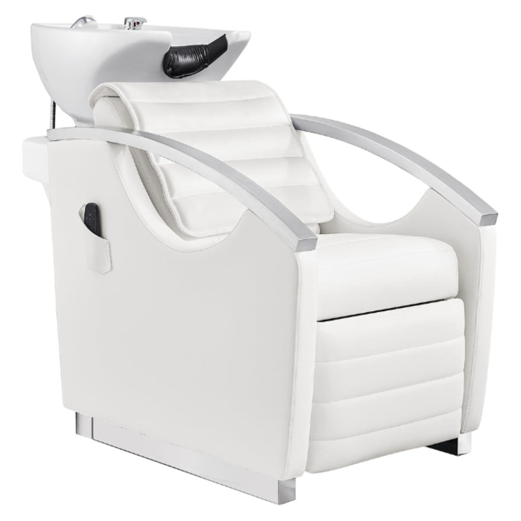 DIR Bella V Recline Massage Salon Shampoo Station White Front Angled View With White Single Sink On Clean Background