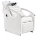 DIR Bella V Recline Massage Salon Shampoo Station White Front Angled View With White Single Sink On Clean Background