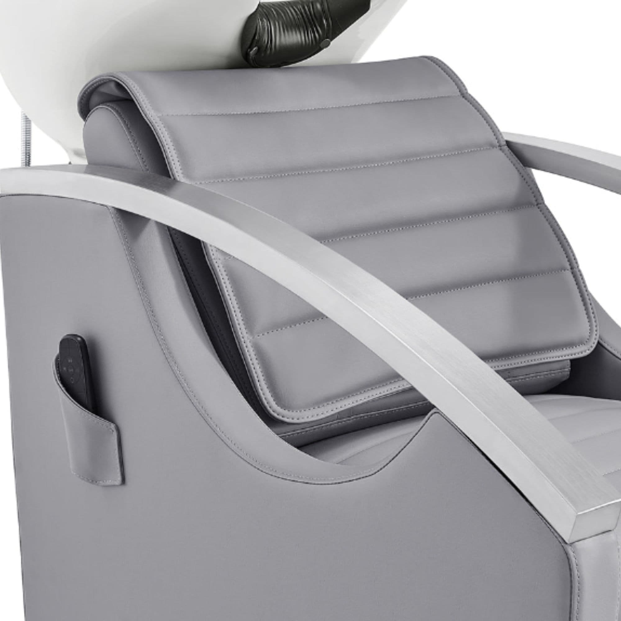 DIR Bella V Recline Massage Shampoo Station Close-Up View Of Upholstered Gray  Backrest And Armrest Design With Remote Control Holder On Side Panel