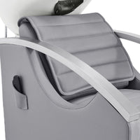Thumbnail for DIR Bella V Recline Massage Shampoo Station Close-Up View Of Upholstered Gray  Backrest And Armrest Design With Remote Control Holder On Side Panel