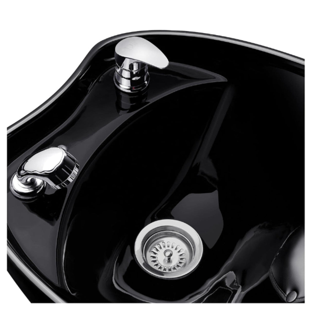 DIR Bella V Reclining Massage Shampoo Chair Close-Up View Of Black Sink Faucet And Drain System