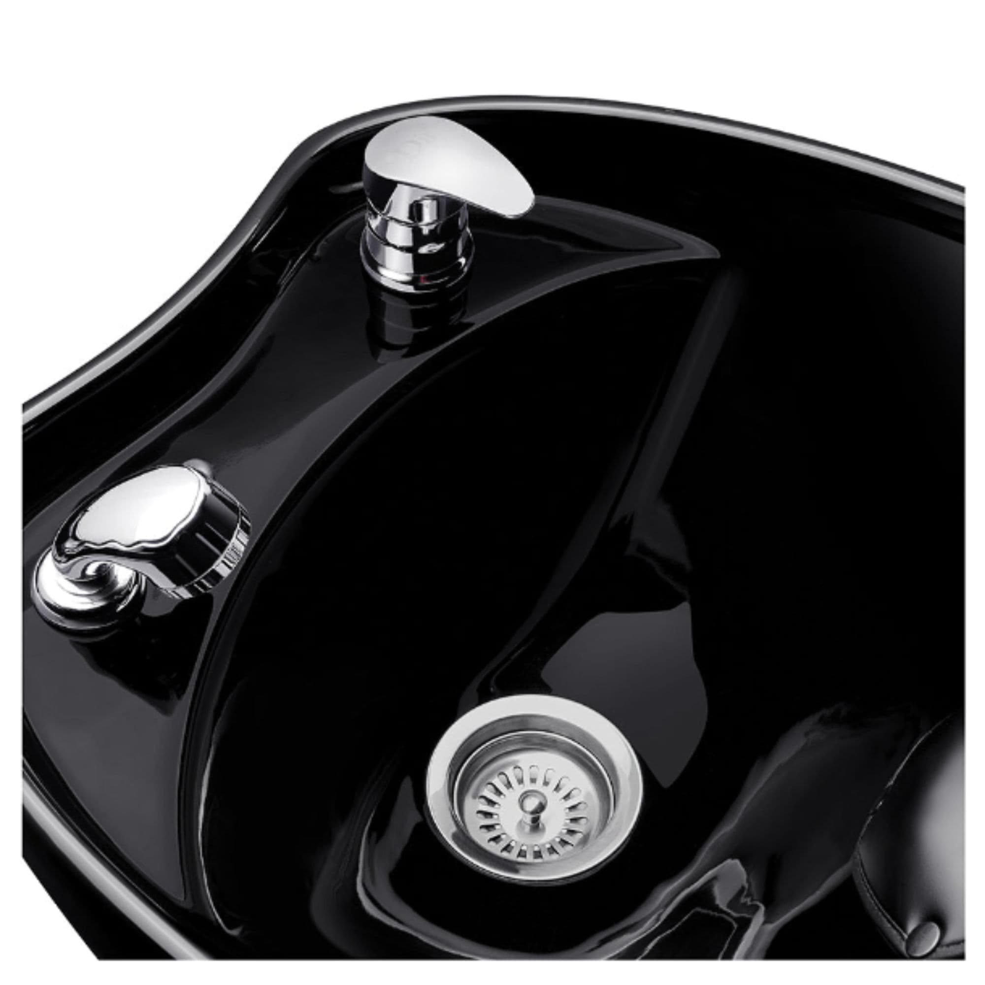 DIR Bella V Reclining Massage Shampoo Chair Close-Up View Of Black Sink Faucet And Drain System