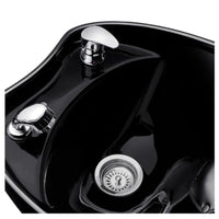 Thumbnail for DIR Bella V Reclining Massage Shampoo Chair Close-Up View Of Black Sink Faucet And Drain System