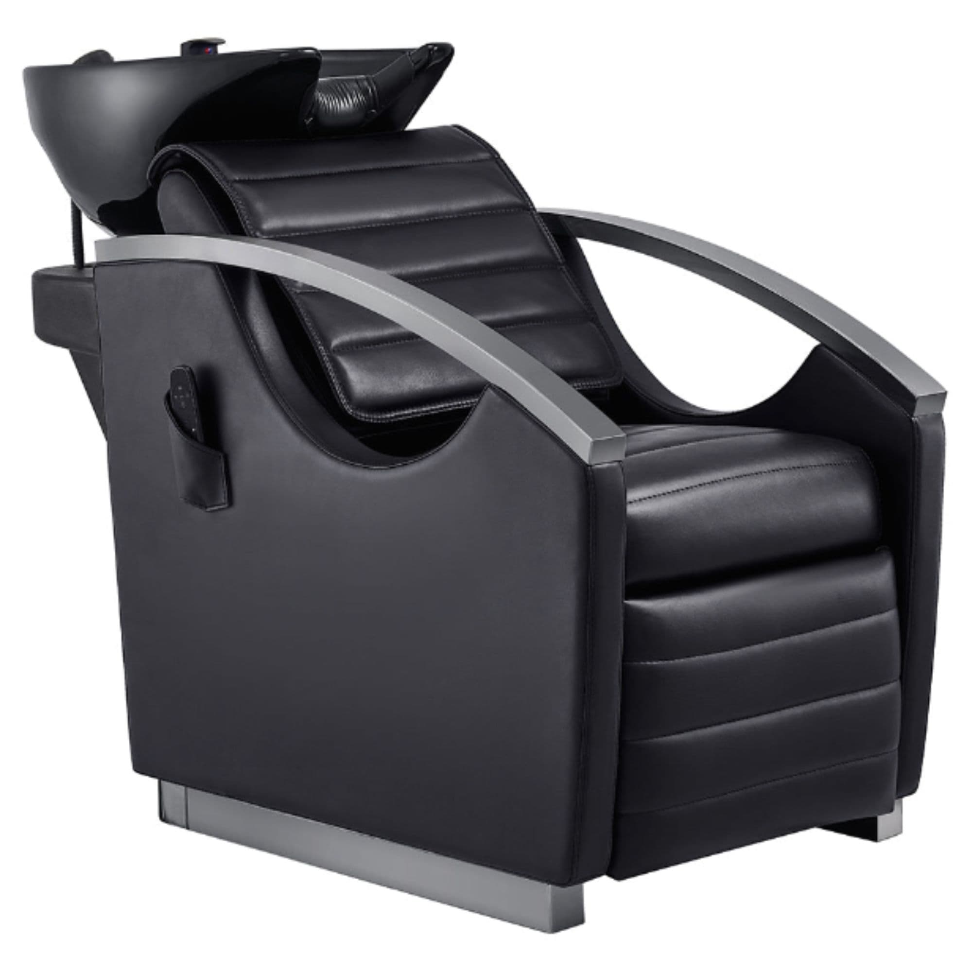 DIR Bella V Titanium Electric Massage Reclining Backwash Shampoo Chair Black Front Angled View Of Black Single Shampoo Wash Station On White Clean Background