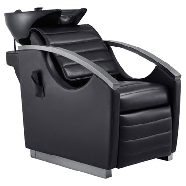 DIR Bella V Titanium Electric Massage Reclining Backwash Shampoo Chair Black Front Angled View Of Black Single Shampoo Wash Station On White Clean Background