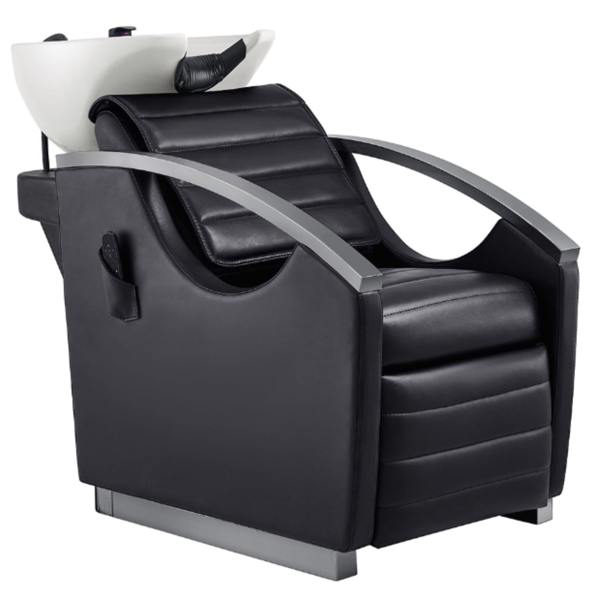 DIR Bella V Titanium Electric Massage Reclining Backwash Shampoo Chair Black Front Angled View Of White Single Shampoo Wash Station