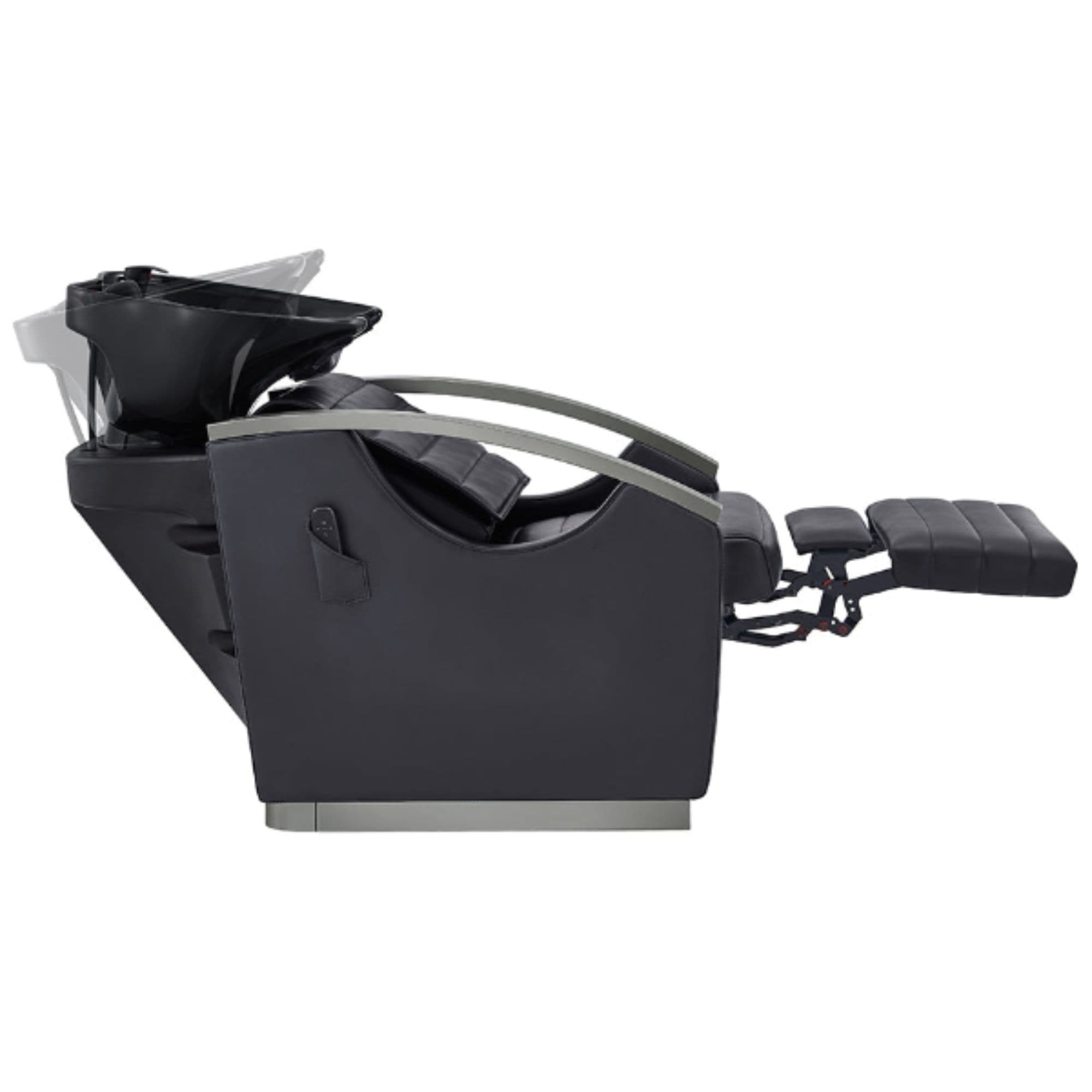DIR Bella V Titanium Electric Massage Reclining Backwash Shampoo Chair Black Side View With A Demonstration On How to Adjust The Wash Shampoo Station And Fully Reclined Leg Rest