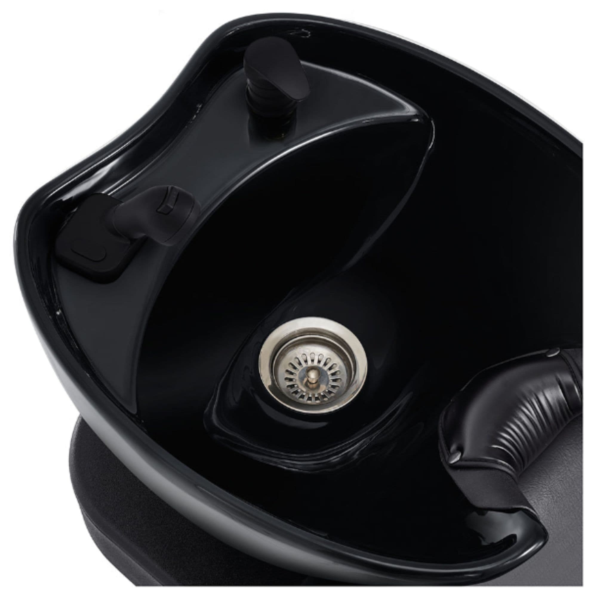 DIR Bella V Titanium Electric Massage Reclining Backwash Shampoo Chair Close-Up View Of Black Shampoo Bowl And Drain System