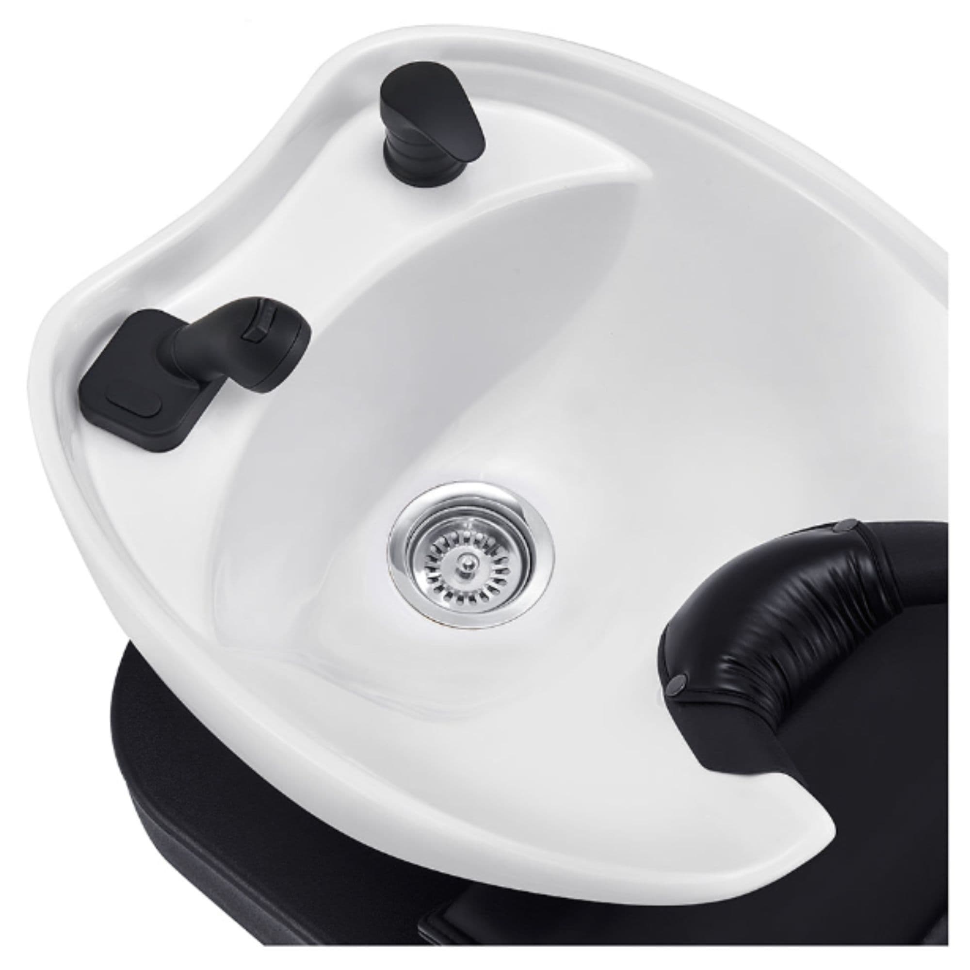 DIR Bella V Titanium Electric Massage Reclining Backwash Shampoo Chair Close-Up View Of White Shampoo Bowl And Drain System