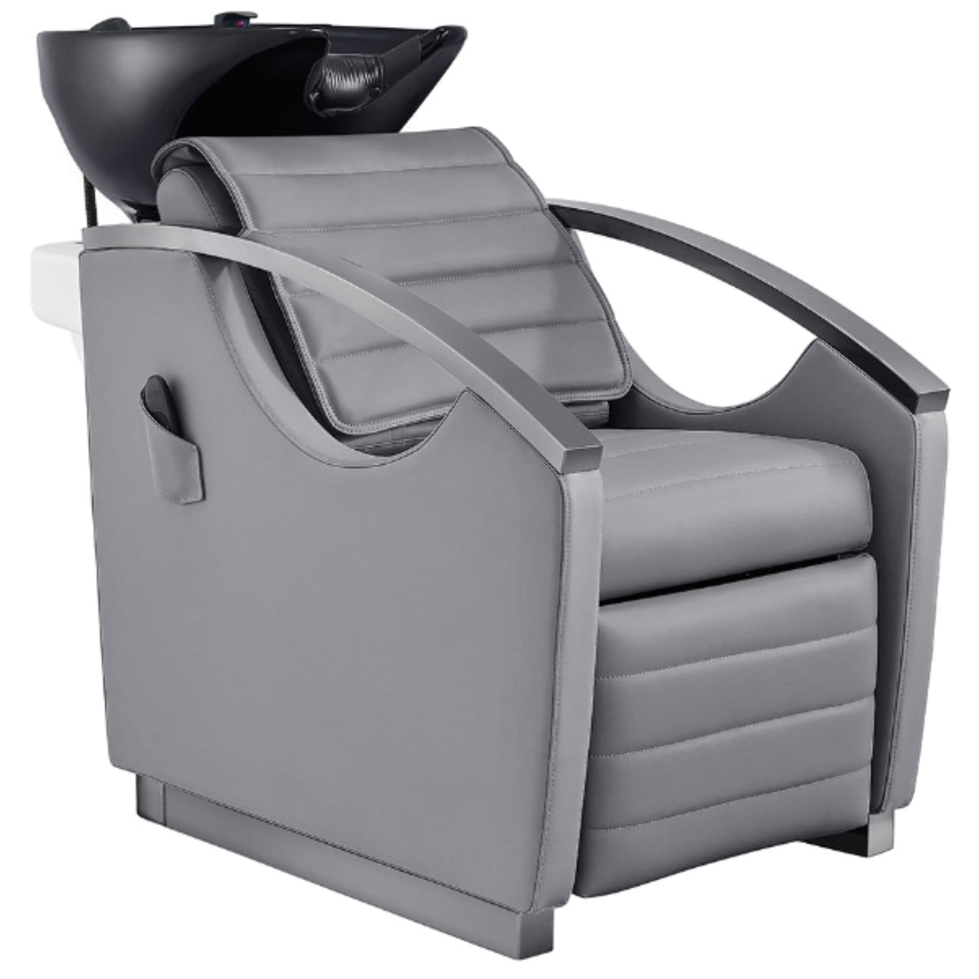 DIR Bella V Titanium Electric Massage Reclining Backwash Shampoo Chair Gray Front Angled View Of Black Single Shampoo Wash Station On White Clean Background