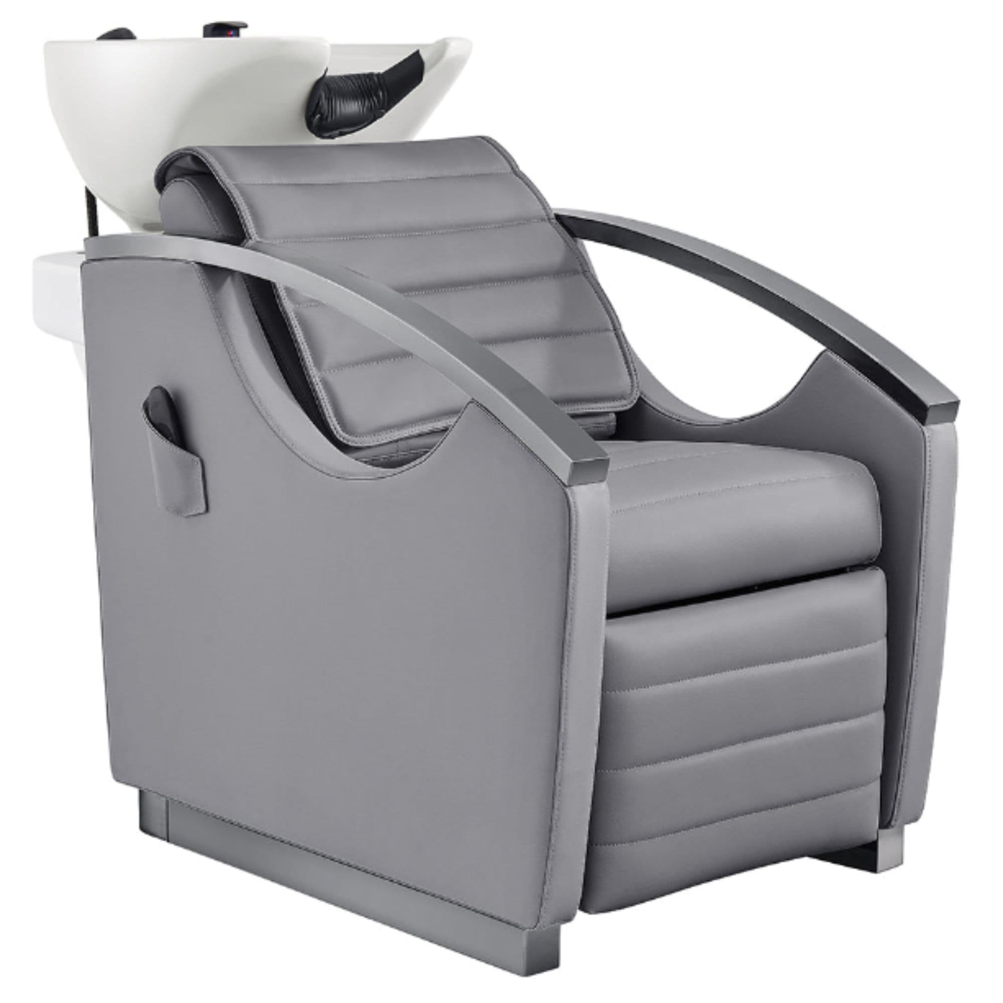 DIR Bella V Titanium Electric Massage Reclining Backwash Shampoo Chair Gray Front Angled View Of White Single Shampoo Wash Station On White Clean Background