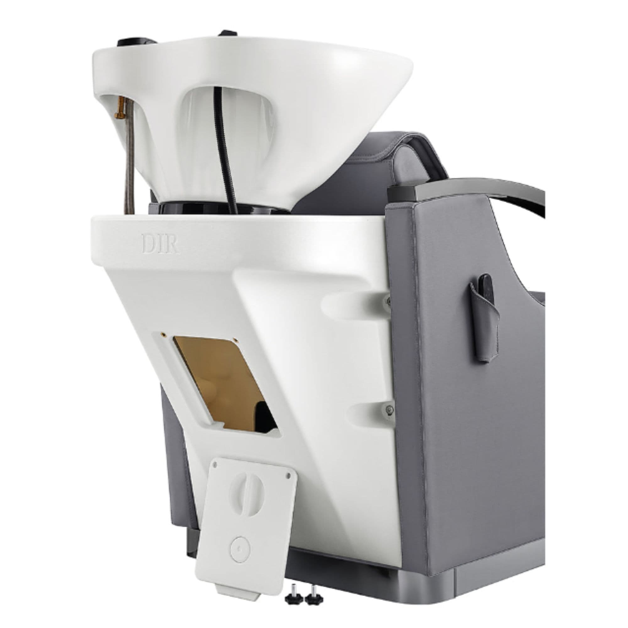 DIR Bella V Titanium Electric Massage Reclining Backwash Shampoo Chair Rear Angled View With White Wash Station Sink Assembly