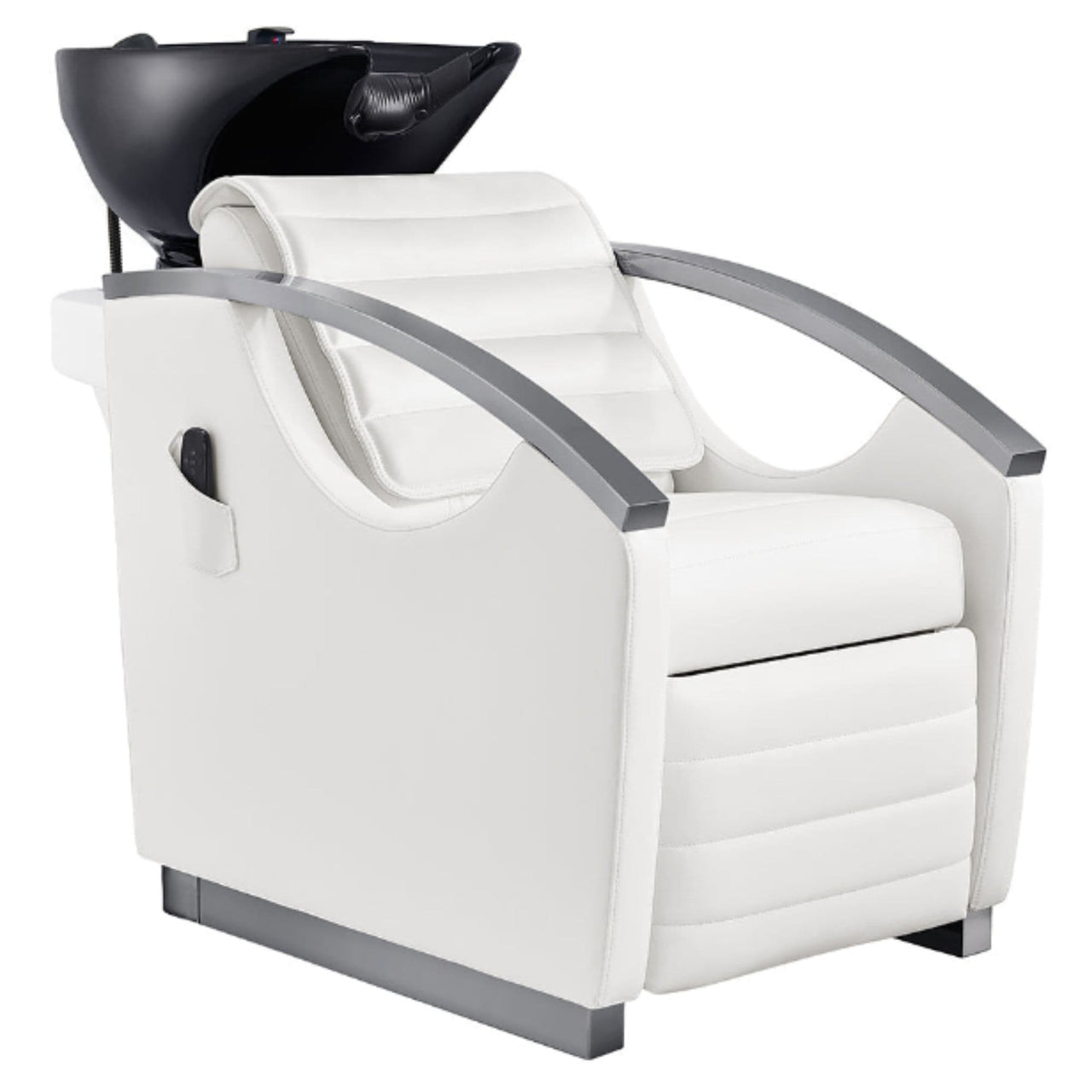 DIR Bella V Titanium Electric Massage Reclining Backwash Shampoo Chair White Front Angled View Of Black Single Shampoo Wash Station On White Clean Background