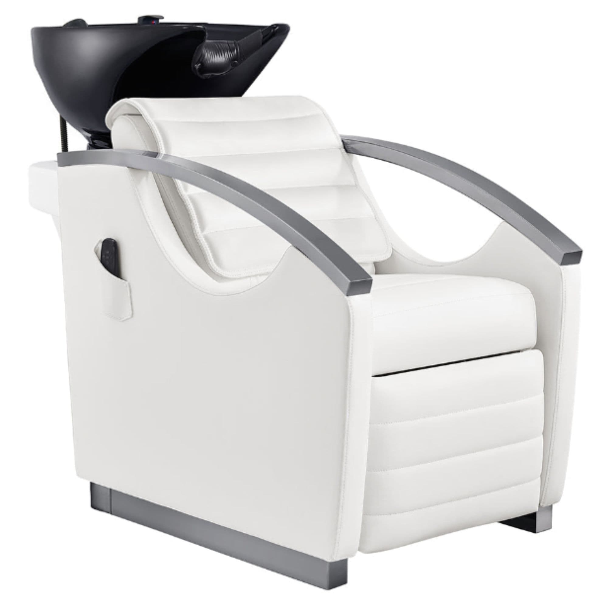 DIR Bella V Titanium Electric Massage Reclining Backwash Shampoo Chair White Front Angled View Of Black Single Shampoo Wash Station On White Clean Background