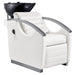 DIR Bella V Titanium Electric Massage Reclining Backwash Shampoo Chair White Front Angled View Of Black Single Shampoo Wash Station On White Clean Background