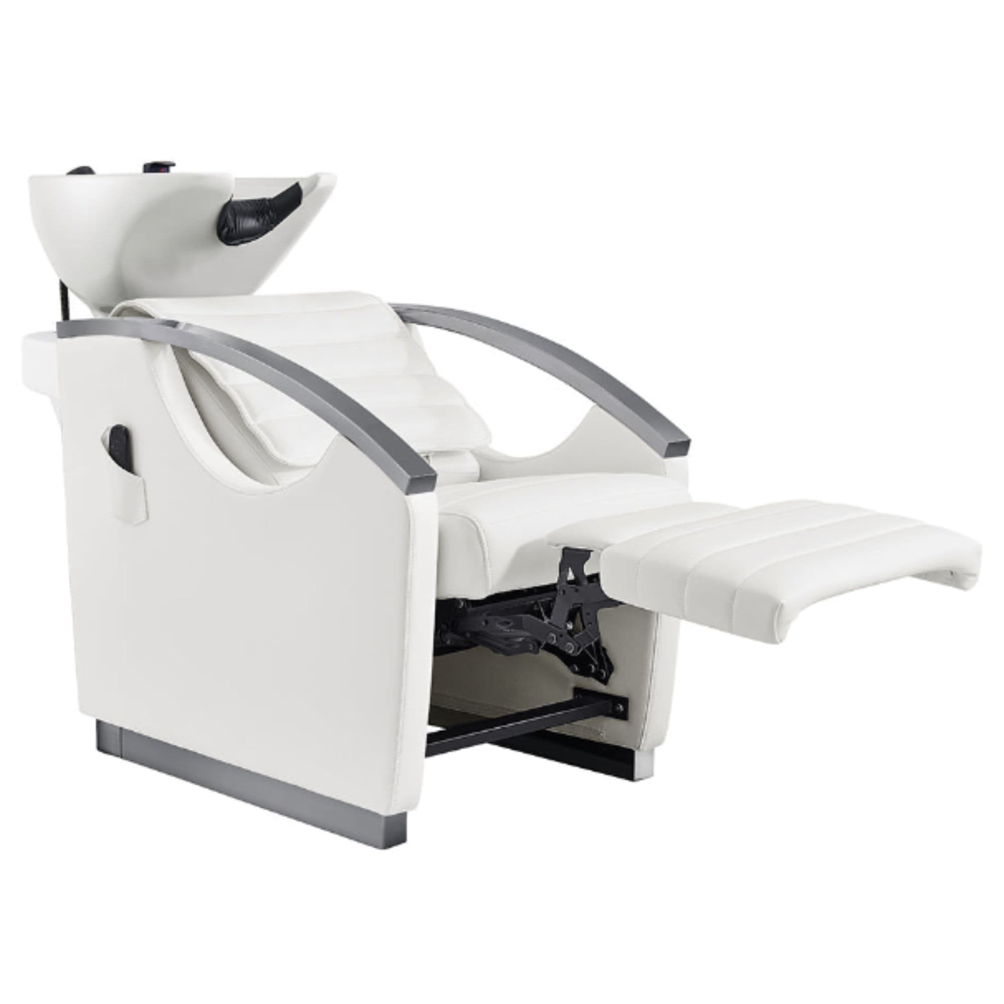 DIR Bella V Titanium Electric Massage Reclining Backwash Shampoo Chair White Front Angled View Of White Single Shampoo Wash Station With Extended Leg Rest