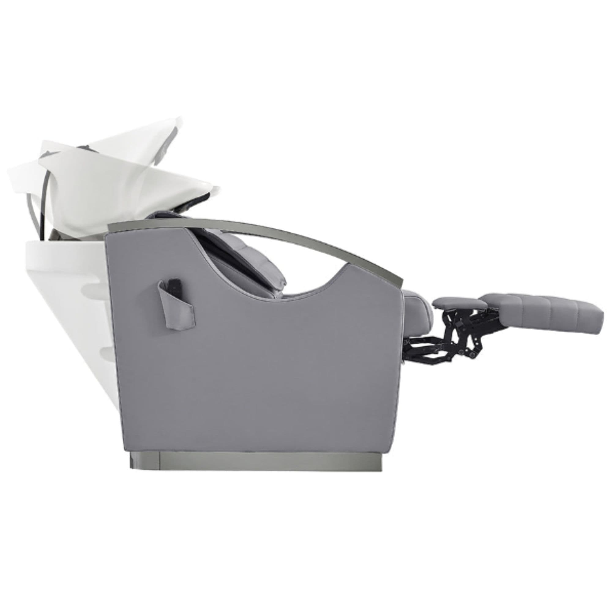 DIR Bella V Titanium Electric Massage Shampoo Chair Side View With White Wash Shampoo Station And A Remote Control On Side Panel With Extended Leg Rest