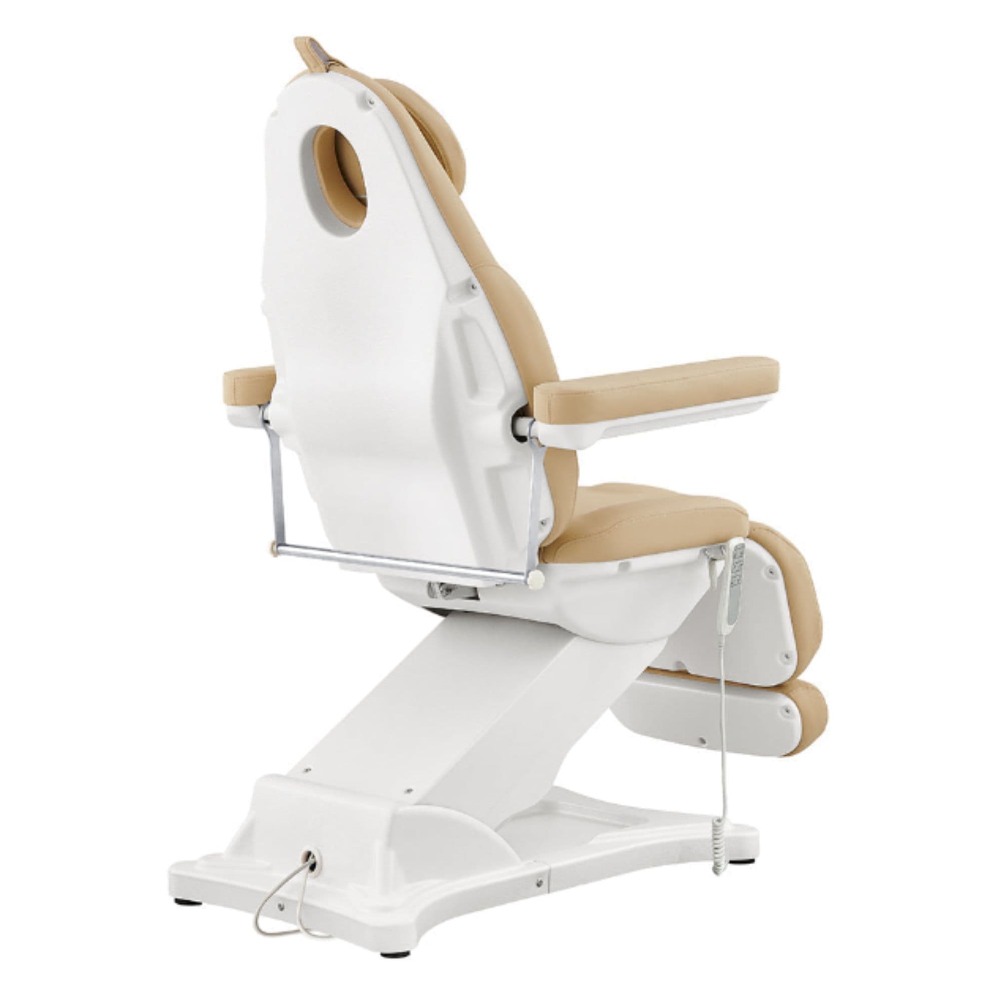 DIR Bellucci 3-Motors Electric Treatment Chair Beige Rear Angled View With Foot Control On White Background