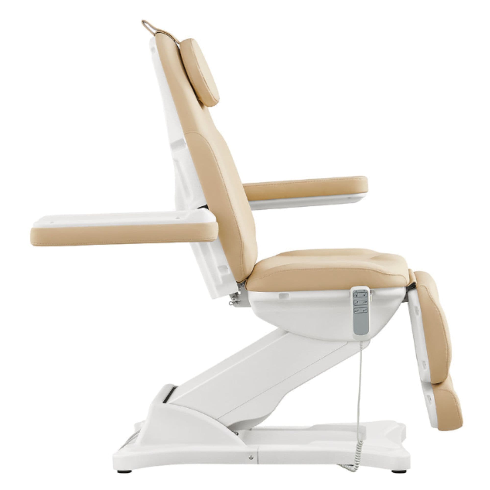 DIR Bellucci 3-Motors Electric Treatment Chair Beige Side View Demonstrating Adjustable Armrest Position On White Background