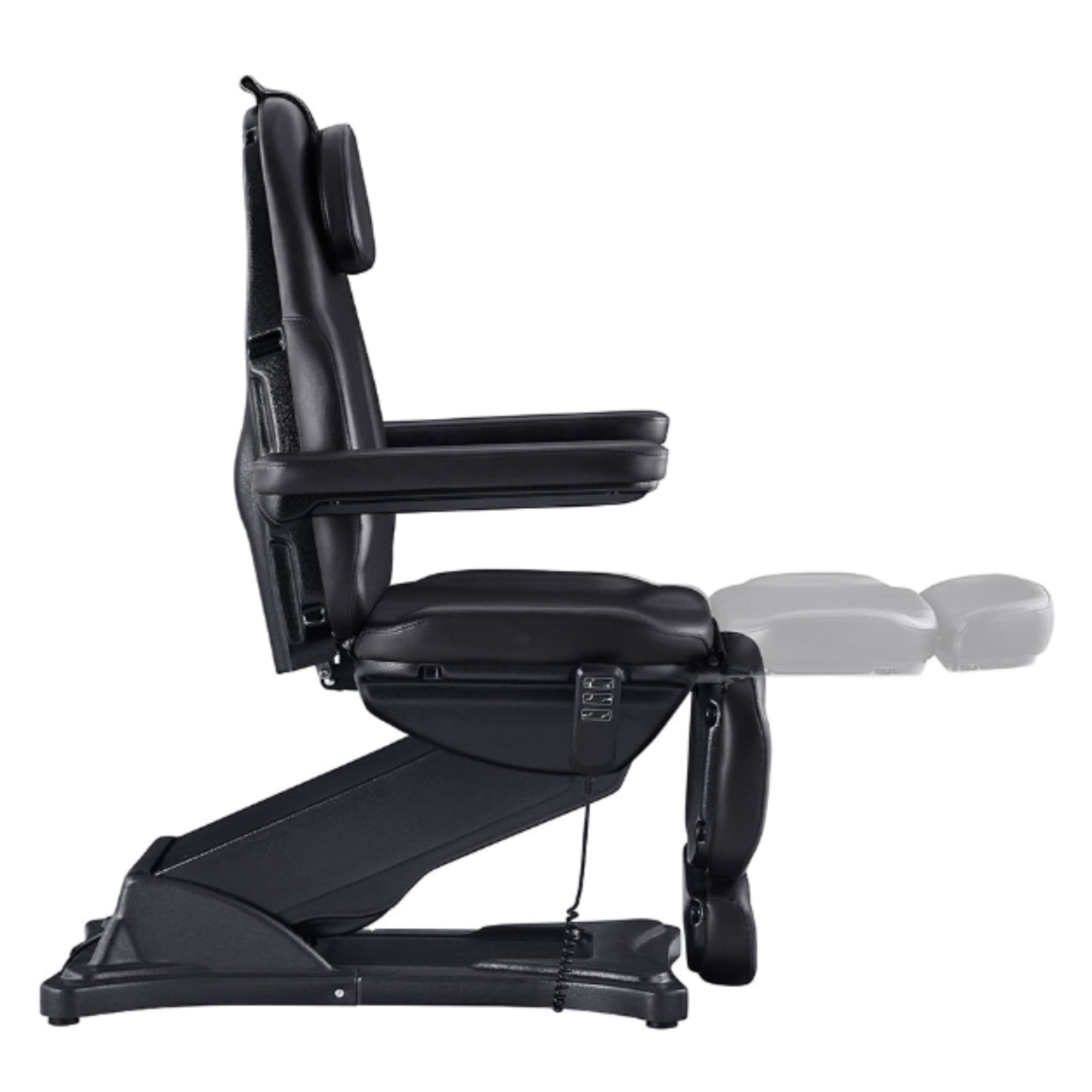 DIR Bellucci 3-Motors Electric Treatment Chair Black Side View With Pedal Control Showing Extendable Footrest Positions On White Background