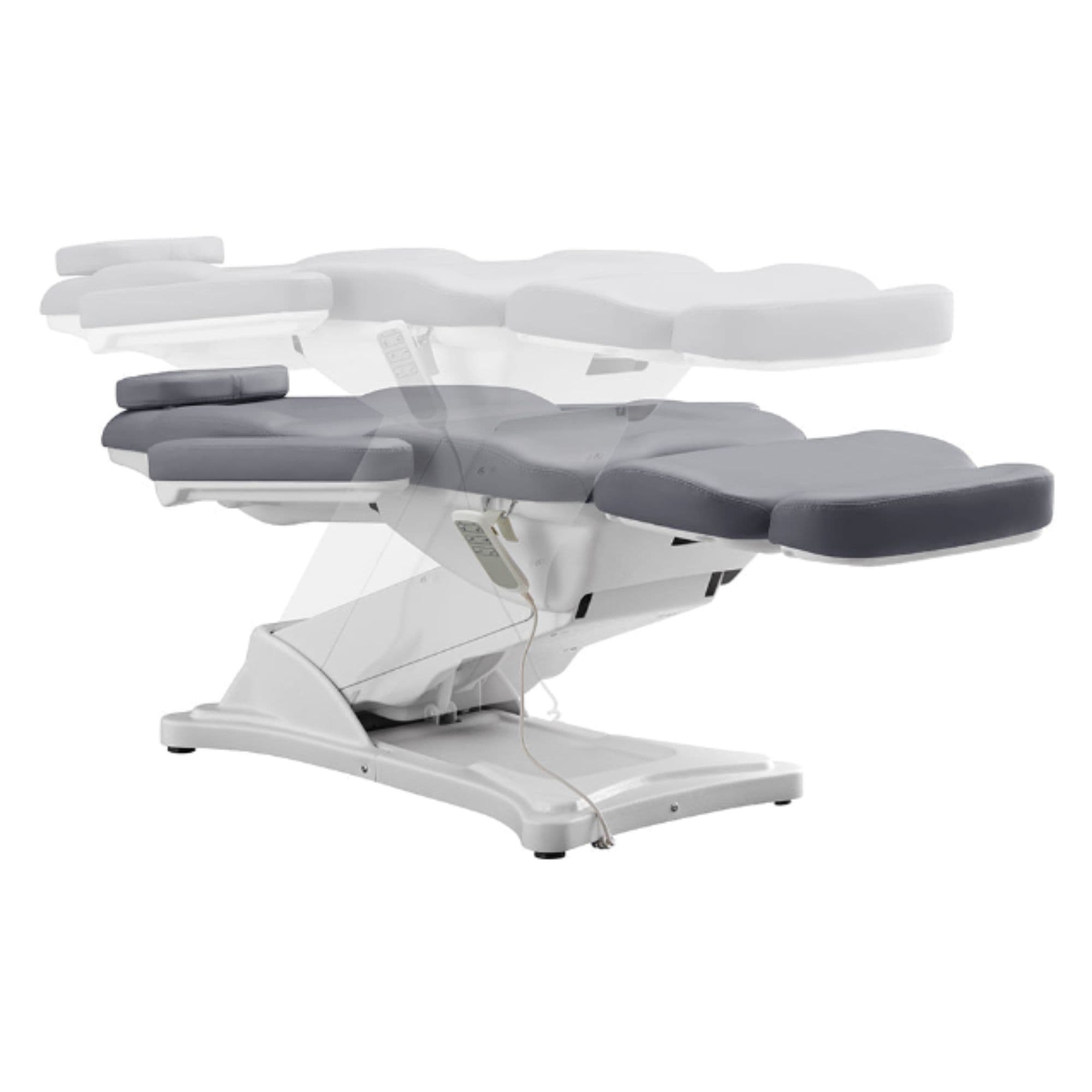 DIR Bellucci 3-Motors Electric Treatment Chair Gray Front Angled View Demonstrating Fully Reclined And Height Adjustment Positions On White Background