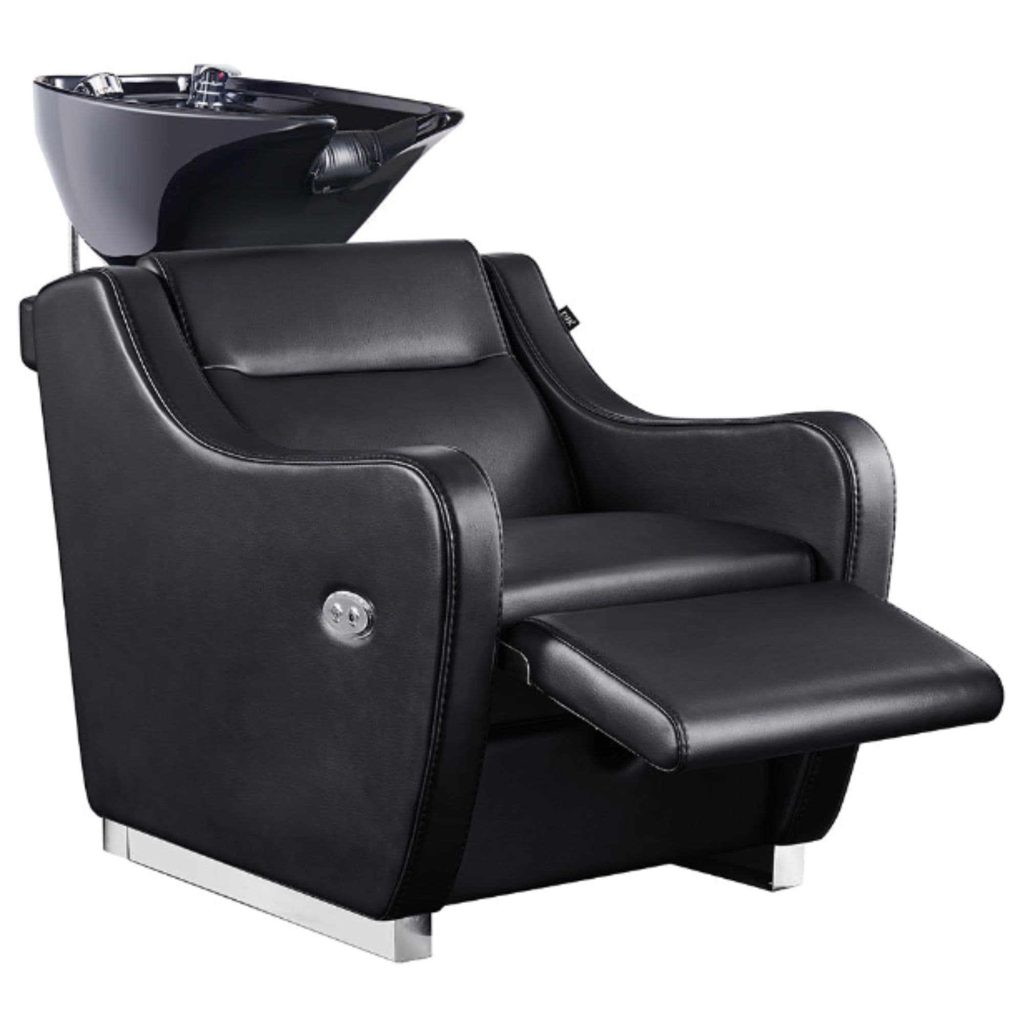 DIR Callisto Electric Shampoo Station Black Front Angled View Of Black Single Shampoo Wash Station With Fully Reclined Leg Rest On White Clean Background
