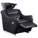 DIR Callisto Electric Shampoo Station Black Front Angled View Of Black Single Shampoo Wash Station With Fully Reclined Leg Rest On White Clean Background
