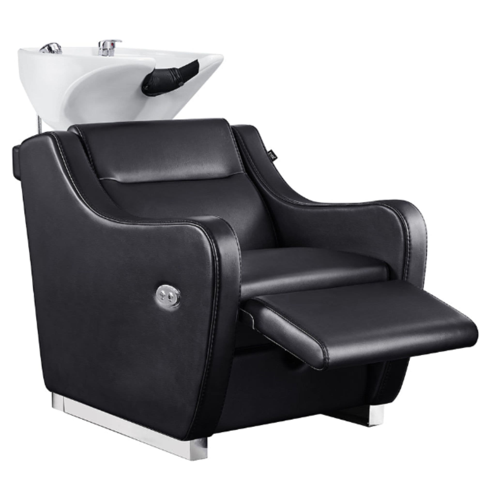 DIR Callisto Electric Shampoo Station Black Front Angled View Of White Single Shampoo Wash Station With Blurred Leg Rest Demonstration