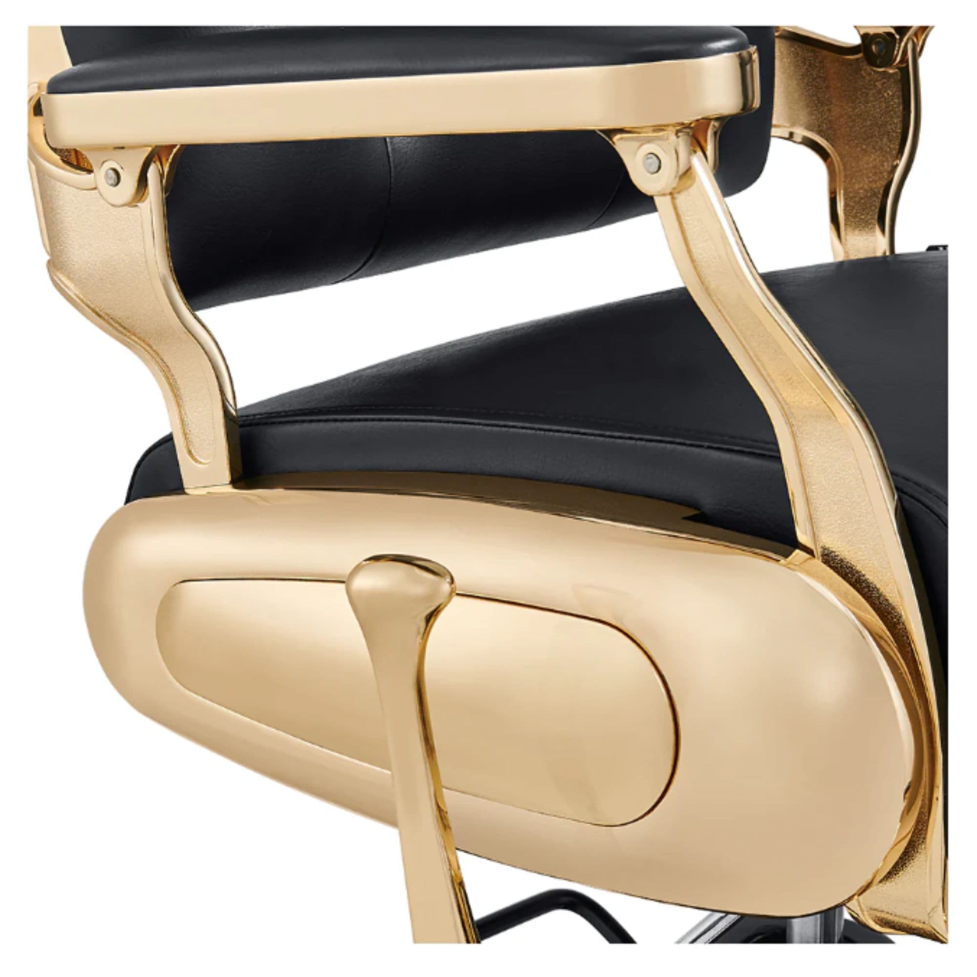 DIR Cavalier Gold Finish Barber Chair Close-Up View Of Decorative Metallic Gold Armrest Support And Black Upholstered Seat