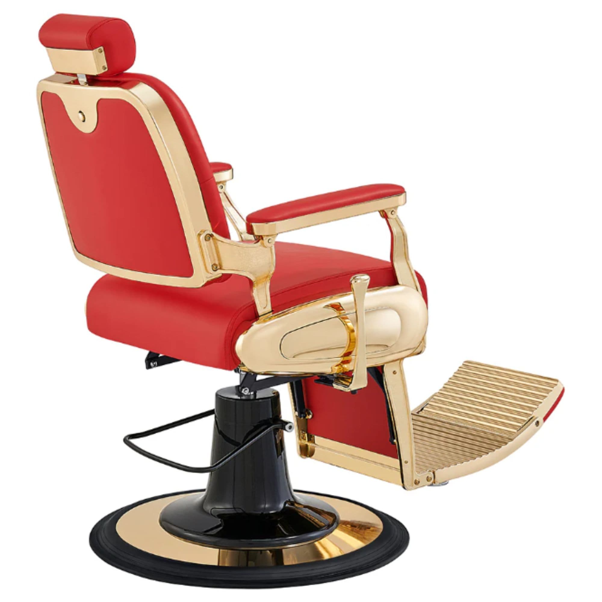 DIR Cavalier Gold Finish Barber Chair Red Variant Rear Angled View On White Background