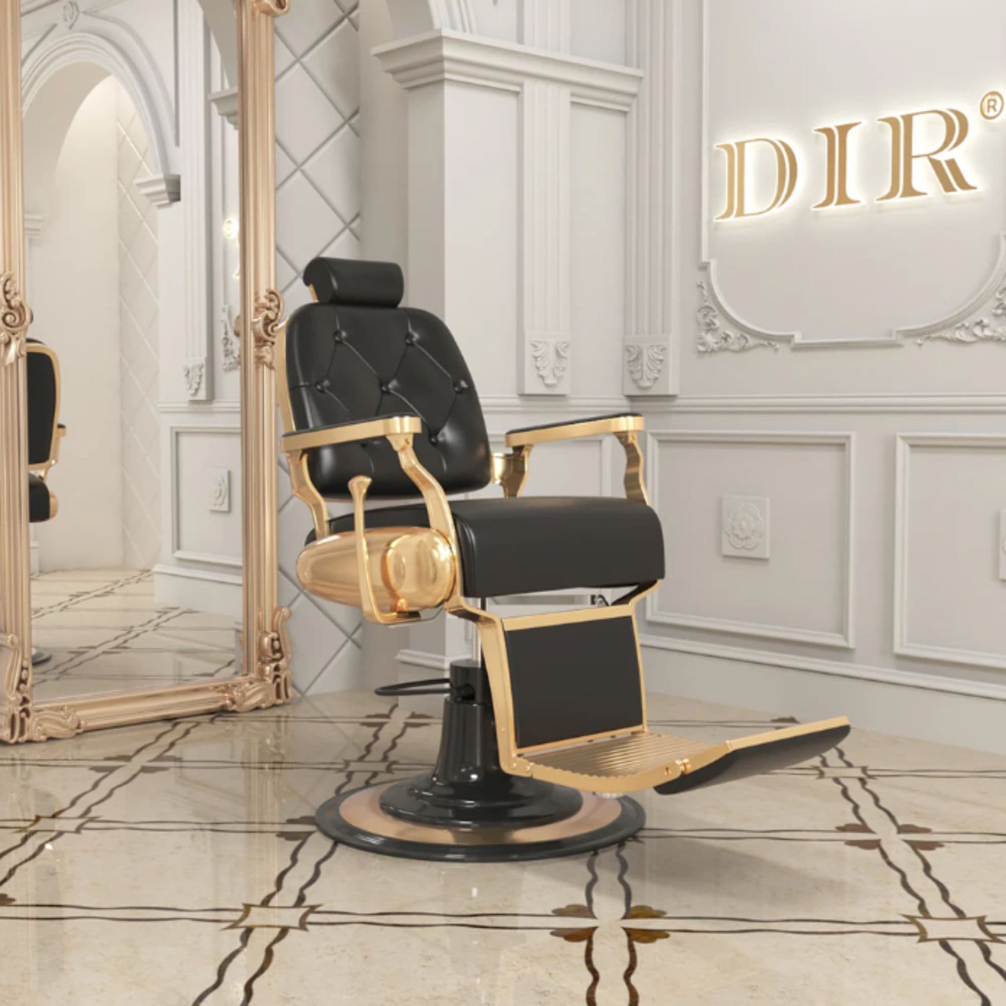 DIR Cavalier Golden Barber Chair Black Variant Front Angled View With Tall Mirror And Brand Name In The Background