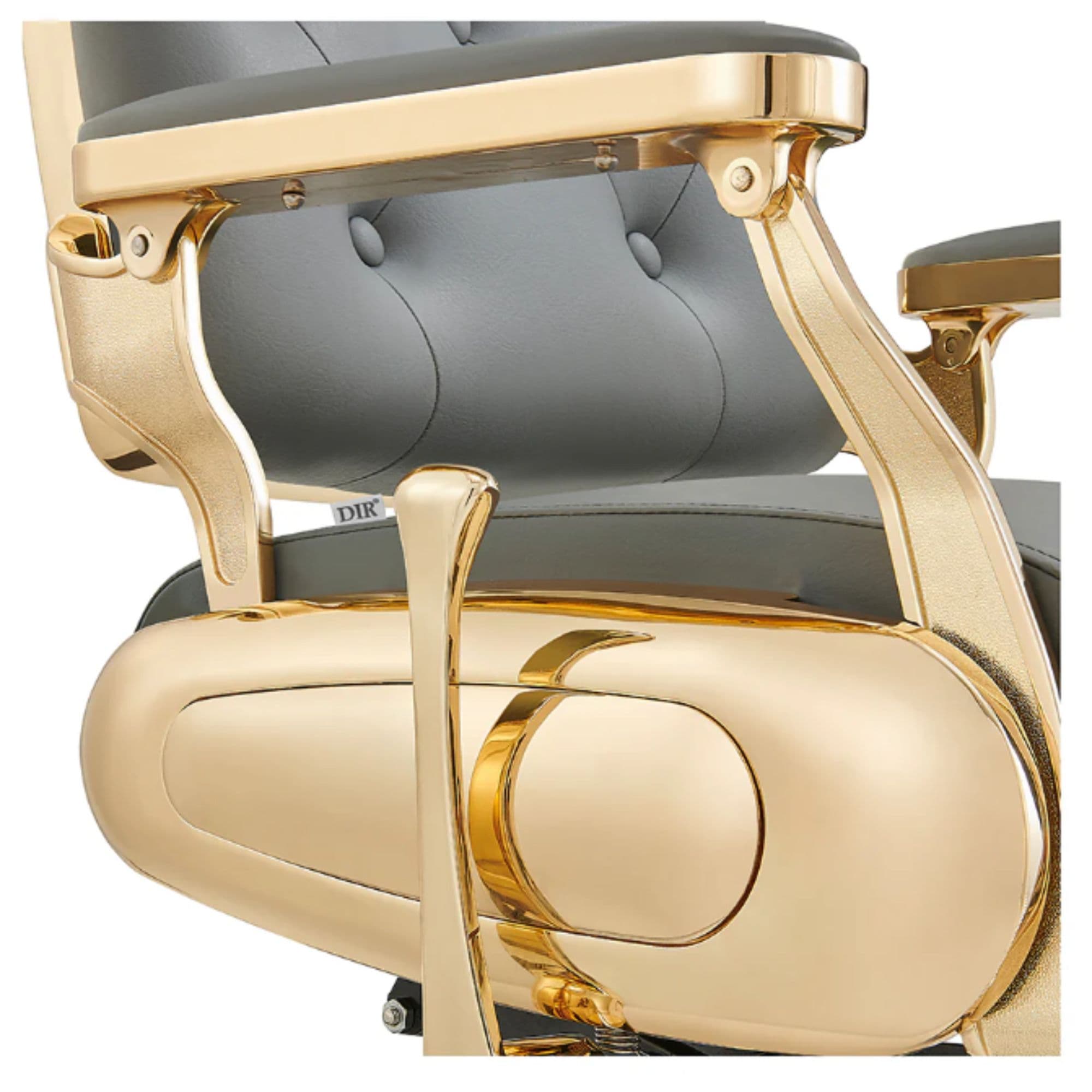 DIR Cavalier Golden Barber Chair Close-Up View Of Decorative Metallic Gold Armrest Support And Gray Upholstered Seat