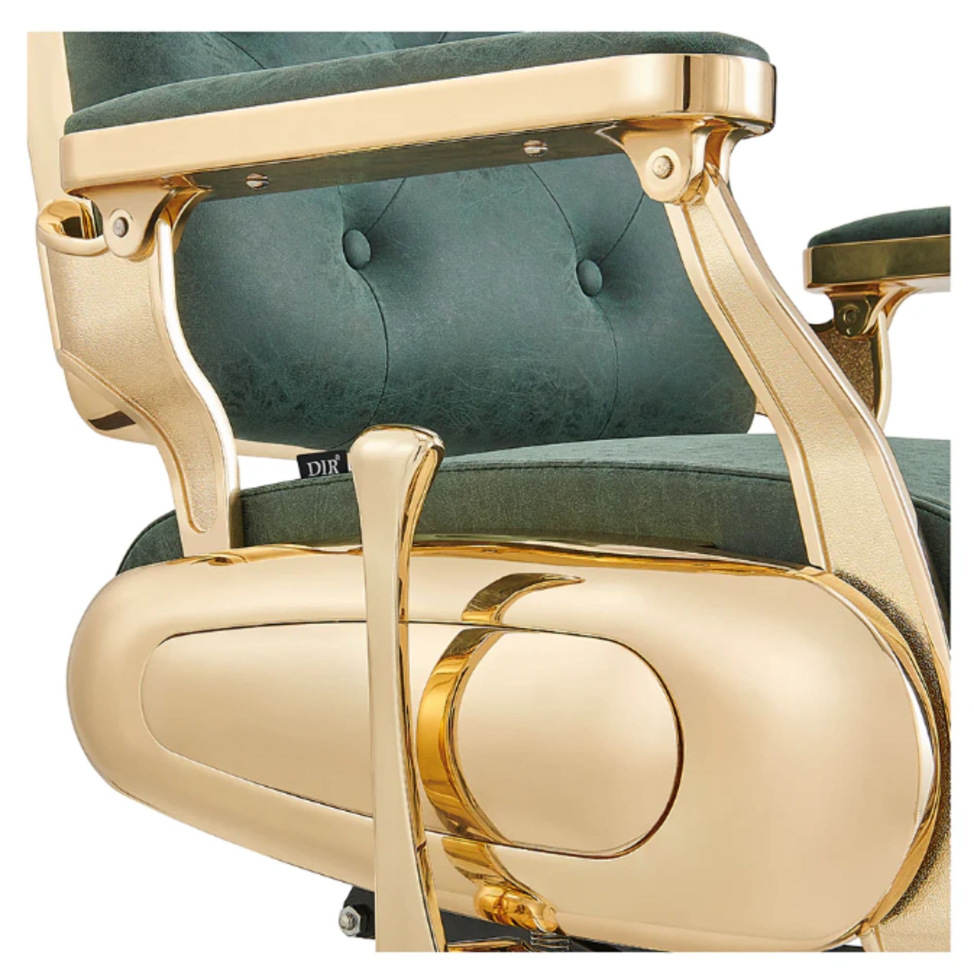 DIR Cavalier Golden Barber Chair Close-Up View Of Decorative Metallic Gold Armrest Support And Vintage Green Upholstered Seat