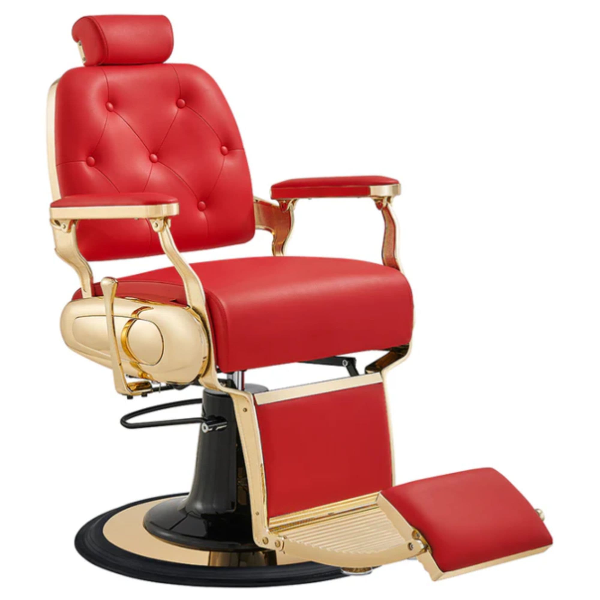 DIR Cavalier Golden Barber Chair Red Variant Front Angled View On White Background
