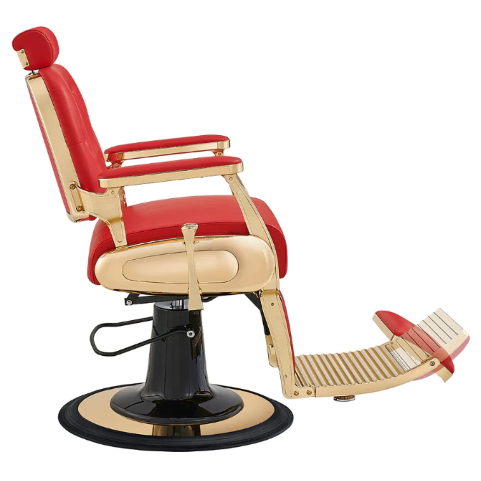 DIR Cavalier Golden Barber Chair Red Variant Side View Demonstrating The Swing Range Of Foot Rest Extension On White Background