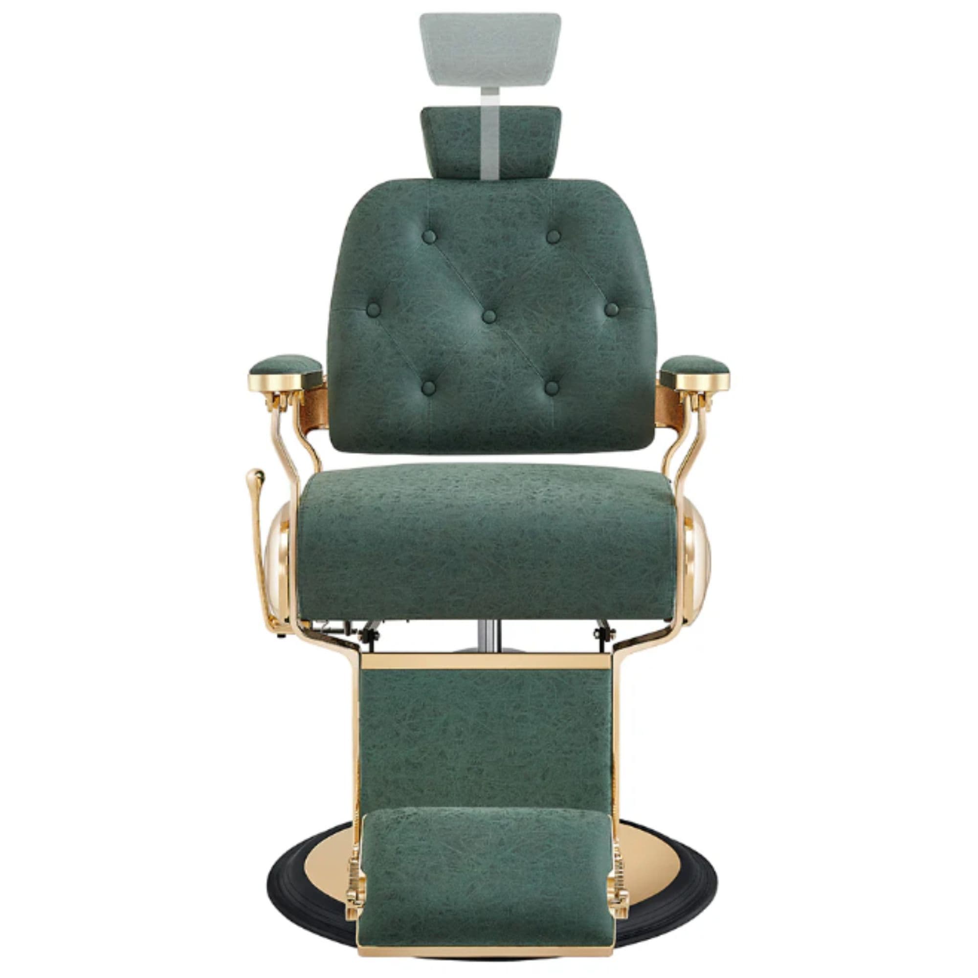 DIR Cavalier Golden Barber Chair Vintage Green Variant Front View Demonstrating Pull Out Headrest Range On White Background