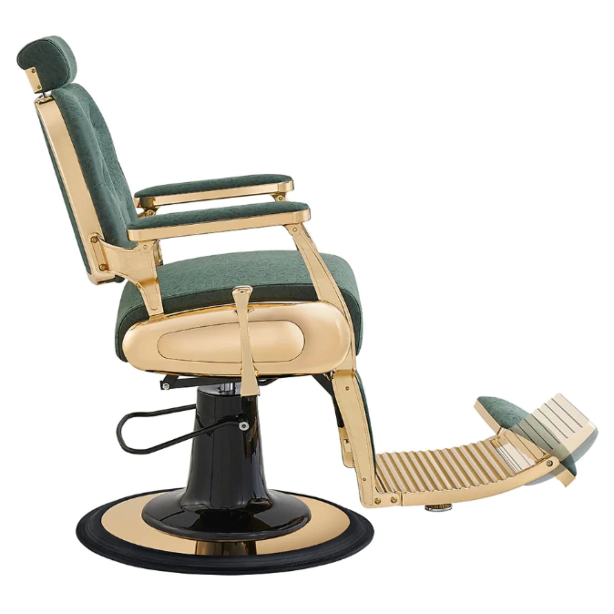 DIR Cavalier Golden Barber Chair Vintage Green Variant Side View Demonstrating The Swing Range Of Foot Rest Extension On White Background