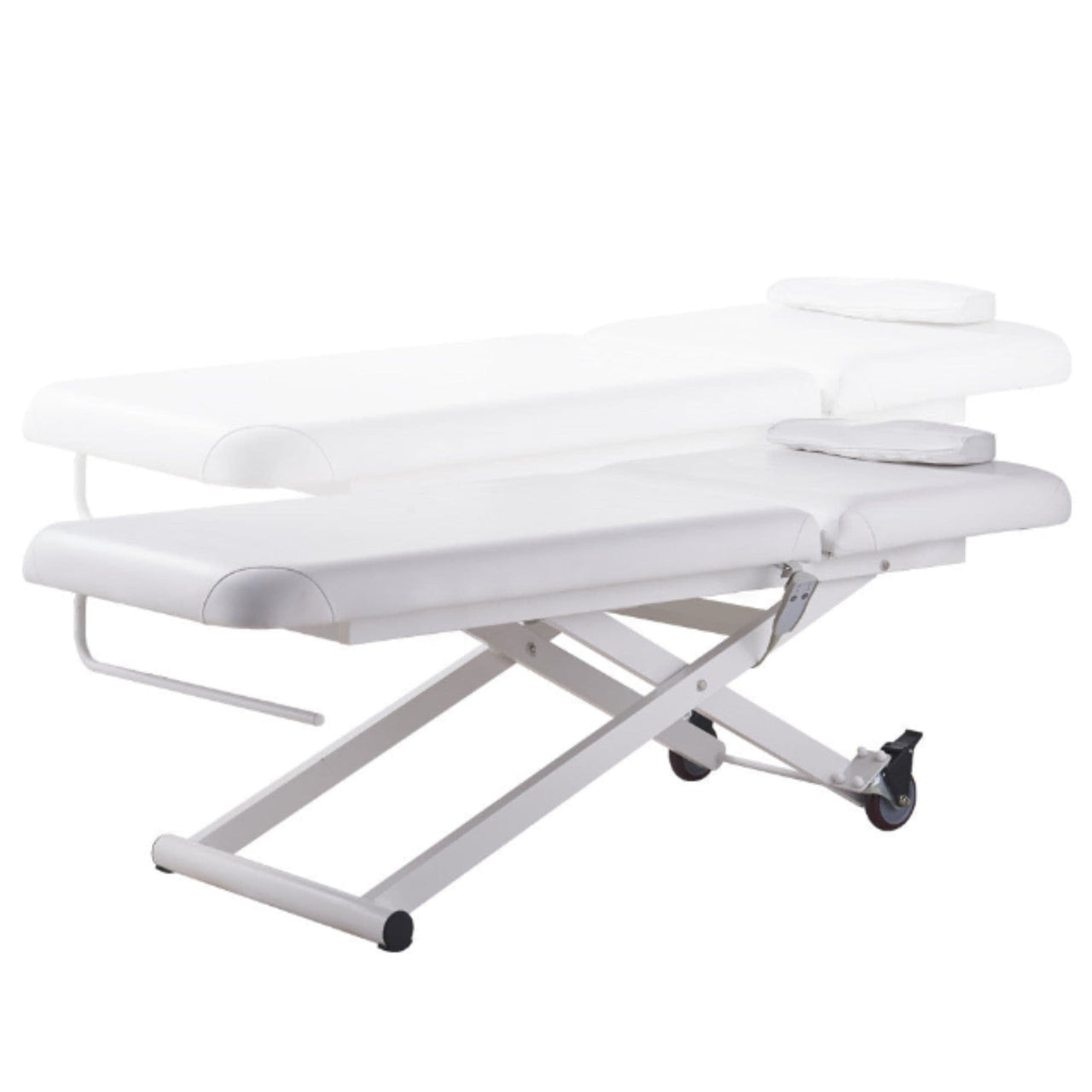 DIR Ebro Electric Facial Bed  Massage Table Front Angled View And Up And Down Adjustment On White Background