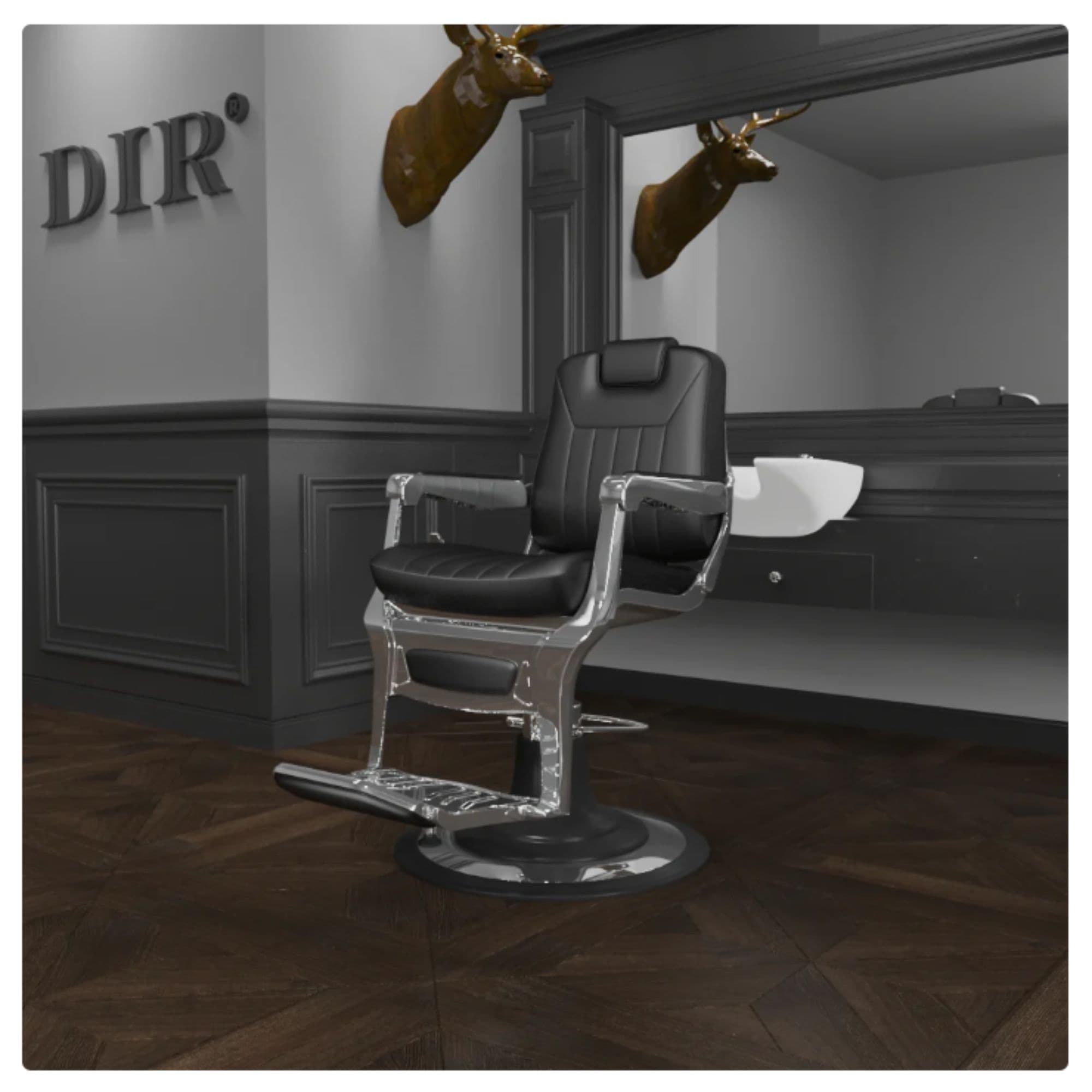 DIR Esquire Reclining Barber Chairs Black Variant Front Angled View With Big Mirror And Brand Name In The Background