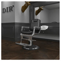 Thumbnail for DIR Esquire Reclining Barber Chairs Black Variant Front Angled View With Big Mirror And Brand Name In The Background