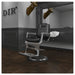 DIR Esquire Reclining Barber Chairs Black Variant Front Angled View With Big Mirror And Brand Name In The Background