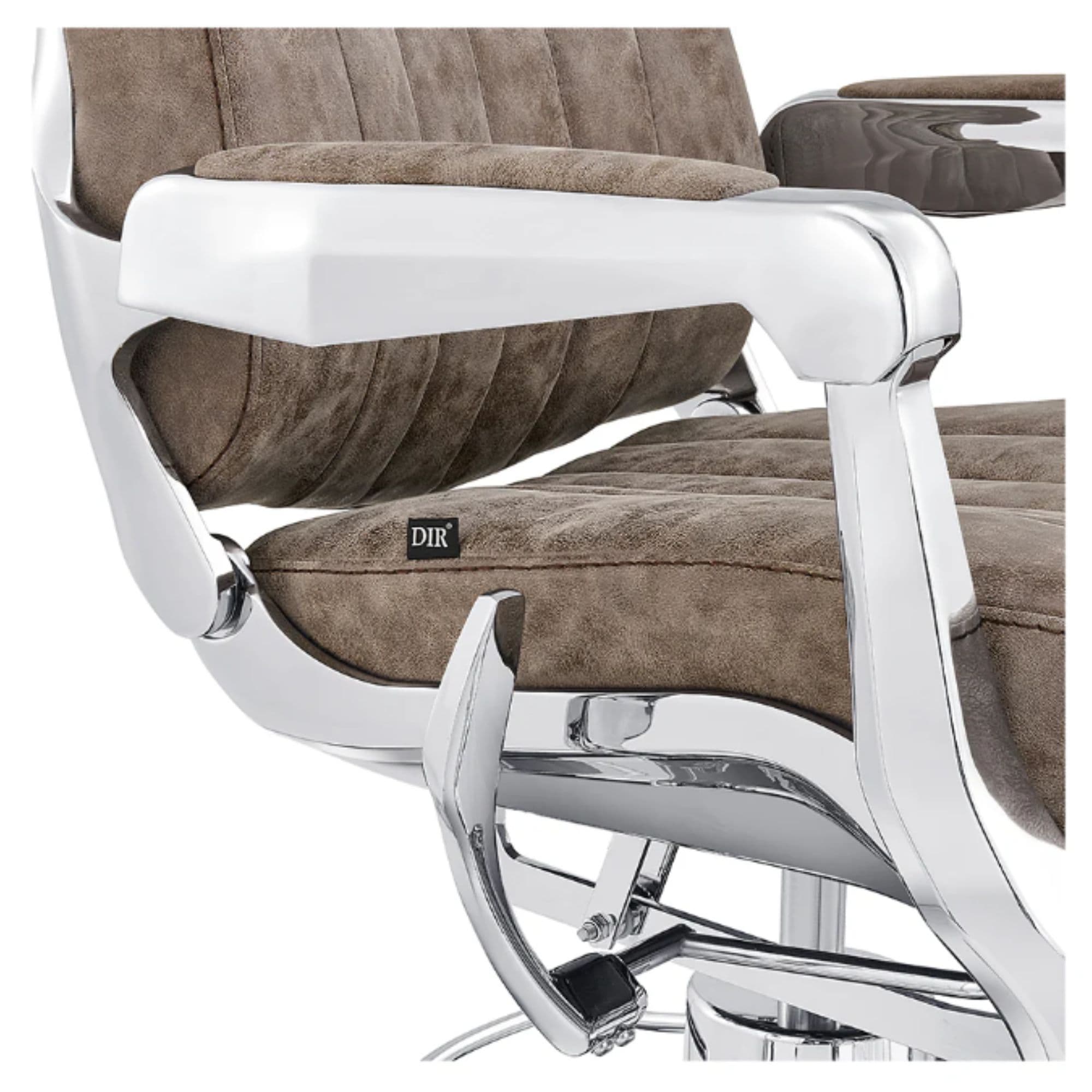 DIR Esquire Reclining Barber Chairs Close-Up View Of Decorative Metallic Gold Armrest Support And Vintage Brown Upholstered Seat
