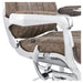 DIR Esquire Reclining Barber Chairs Close-Up View Of Decorative Metallic Gold Armrest Support And Vintage Brown Upholstered Seat
