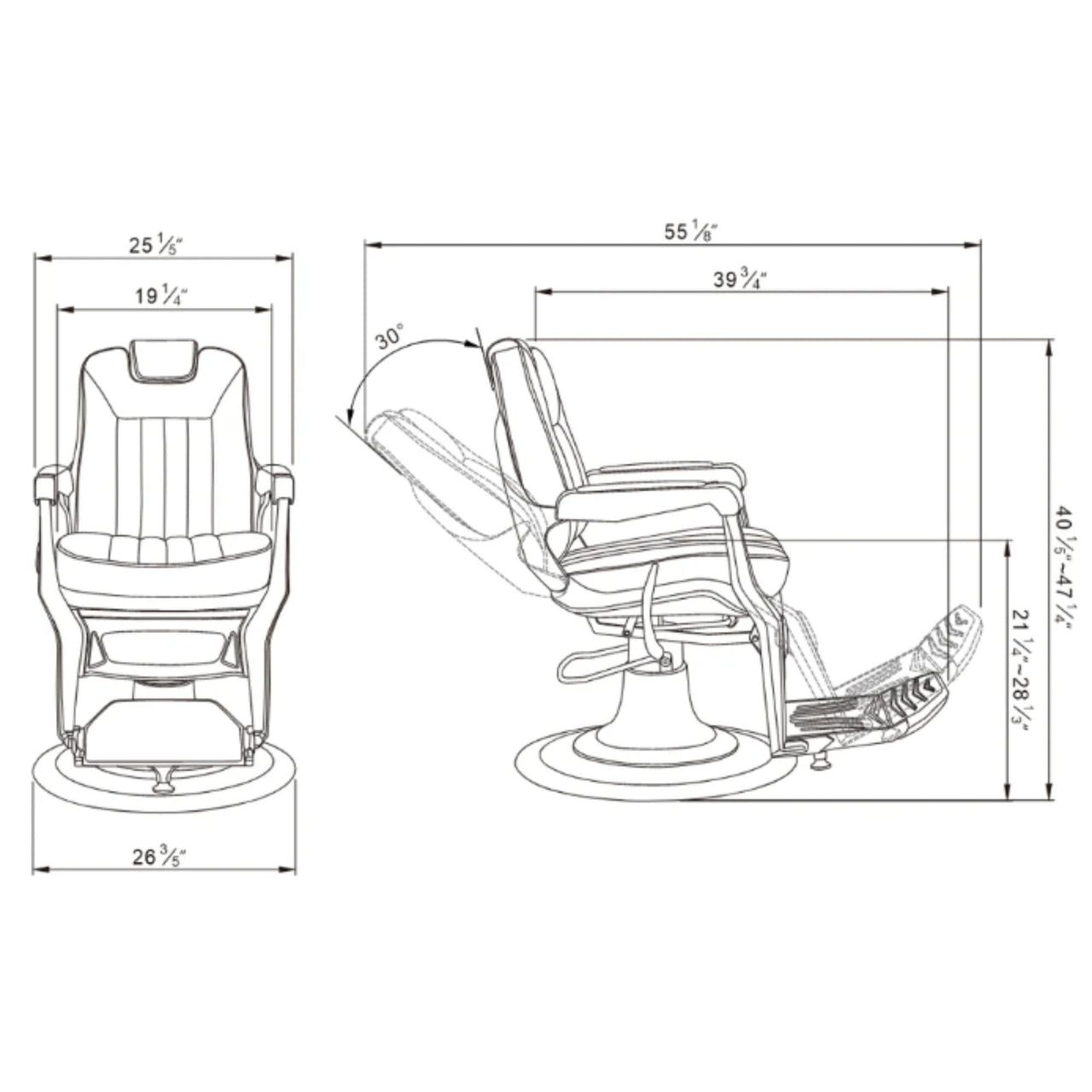 DIR Esquire Reclining Barber Chairs Product Dimension Diagram