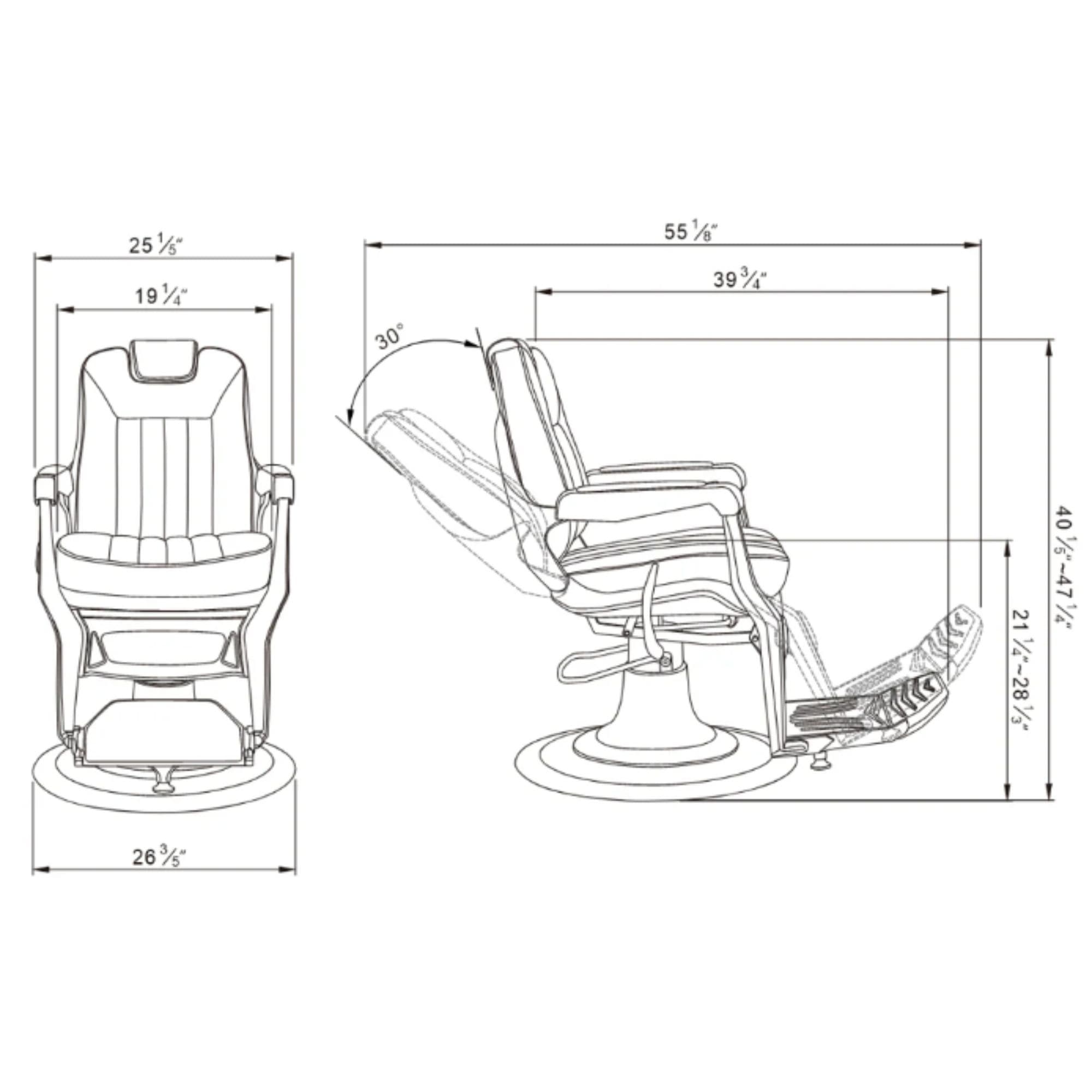 DIR Esquire Reclining Barber Chairs Product Dimension Diagram