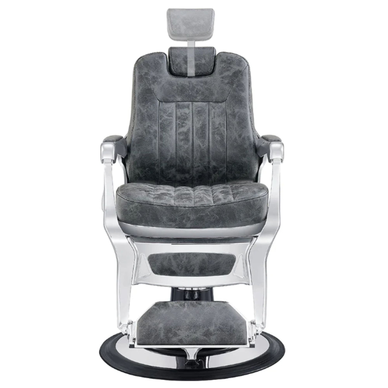 DIR Esquire Reclining Barber Chairs Vintage Black Variant Front View Demonstrating Pull Out Headrest Range On White Background