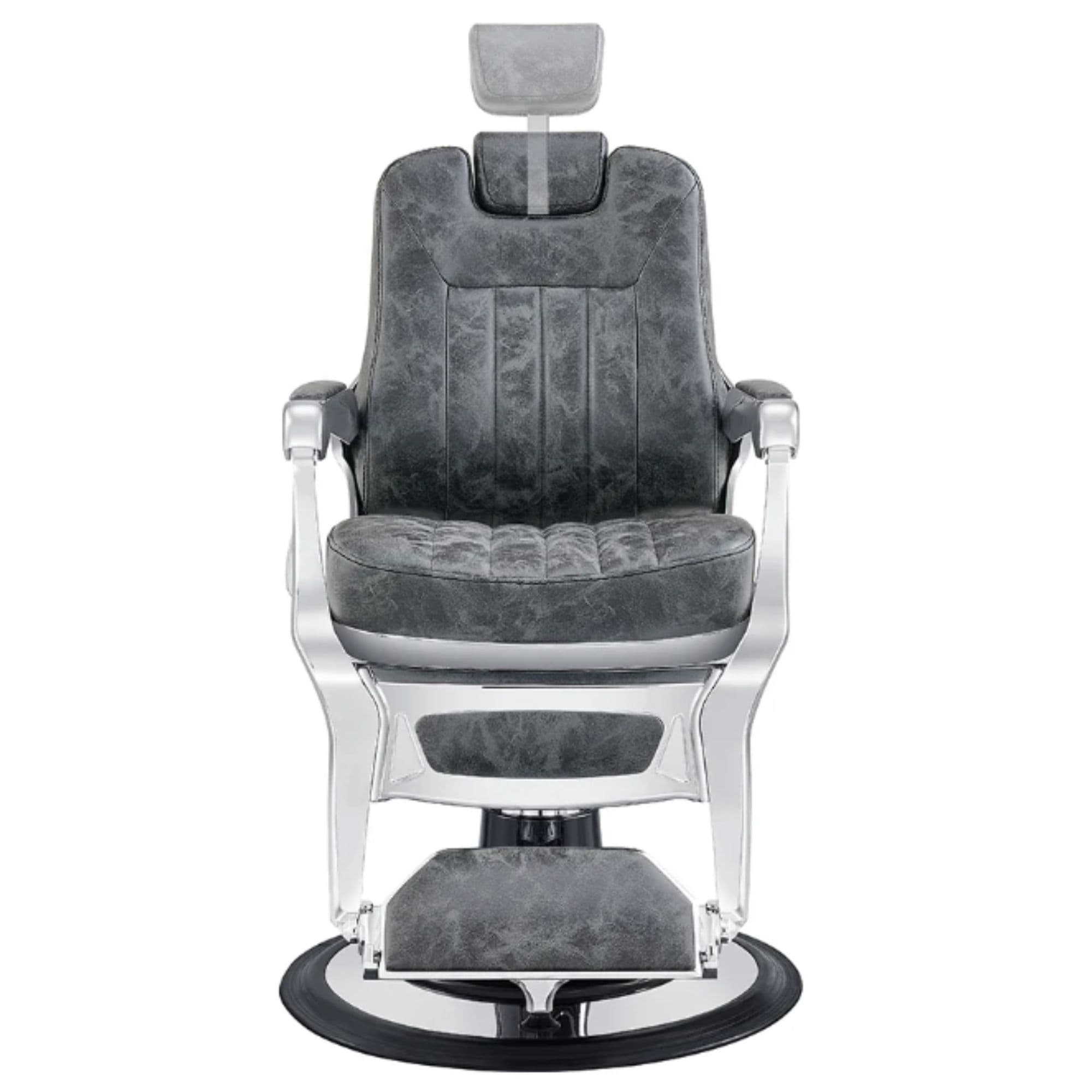 DIR Esquire Reclining Barber Chairs Vintage Black Variant Front View Demonstrating Pull Out Headrest Range On White Background