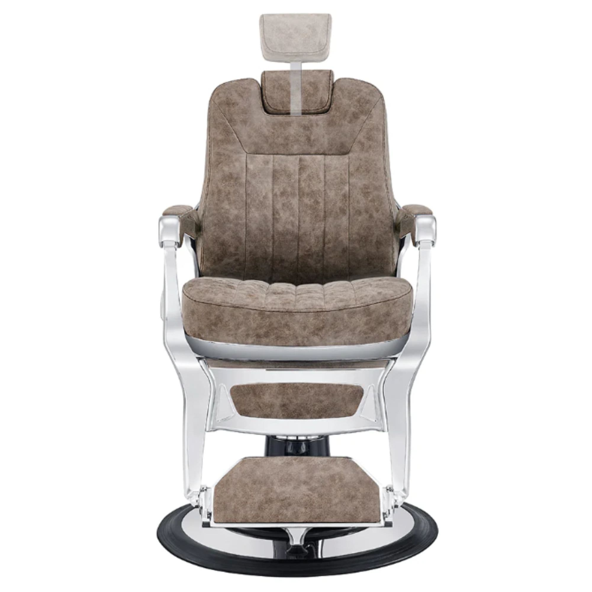 DIR Esquire Reclining Barber Chairs Vintage Brown Variant Front View Demonstrating Pull Out Headrest Range On White Background